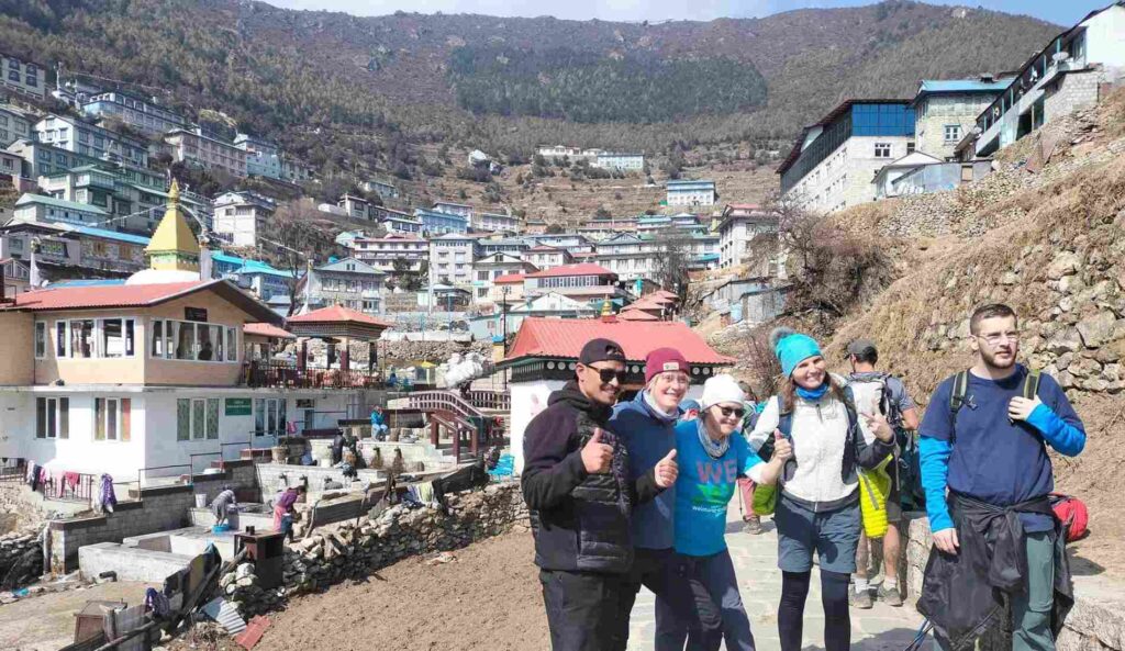 Tourists at the gate of Namche Bazaar