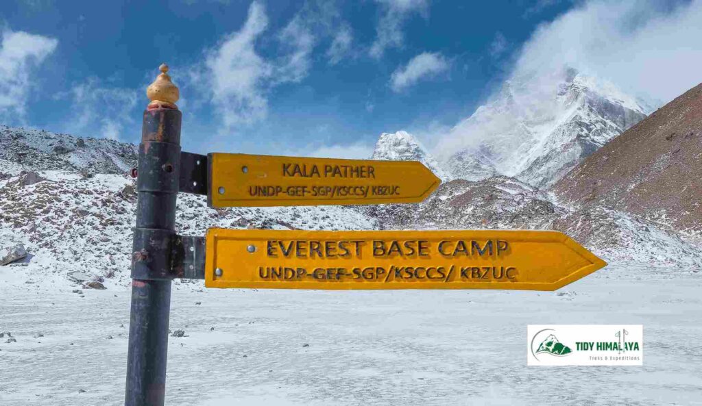 Wooden Signpost Indicating the Way to Everest Base Camp and the Summit of Kala Patthar